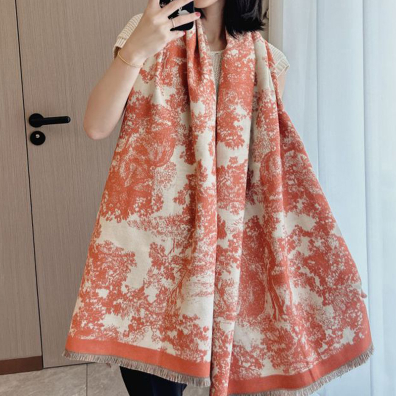 Orange Color Faux Cashmere Printed Thin Scarf
