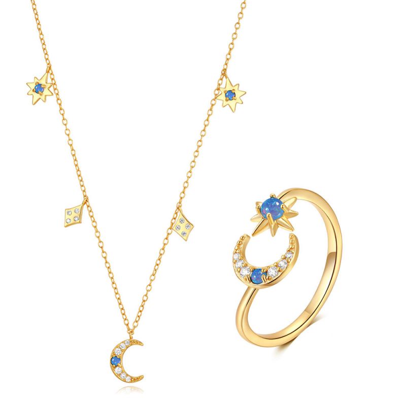 Conjunto De Anillo Y Collar Con Luna Y Estrella De Diamantes Plateados