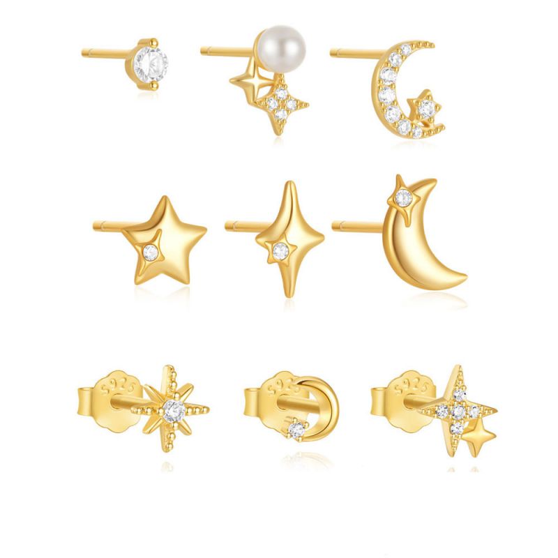 Juego De Aretes De Plata Con Estrella Y Luna Y Diamantes