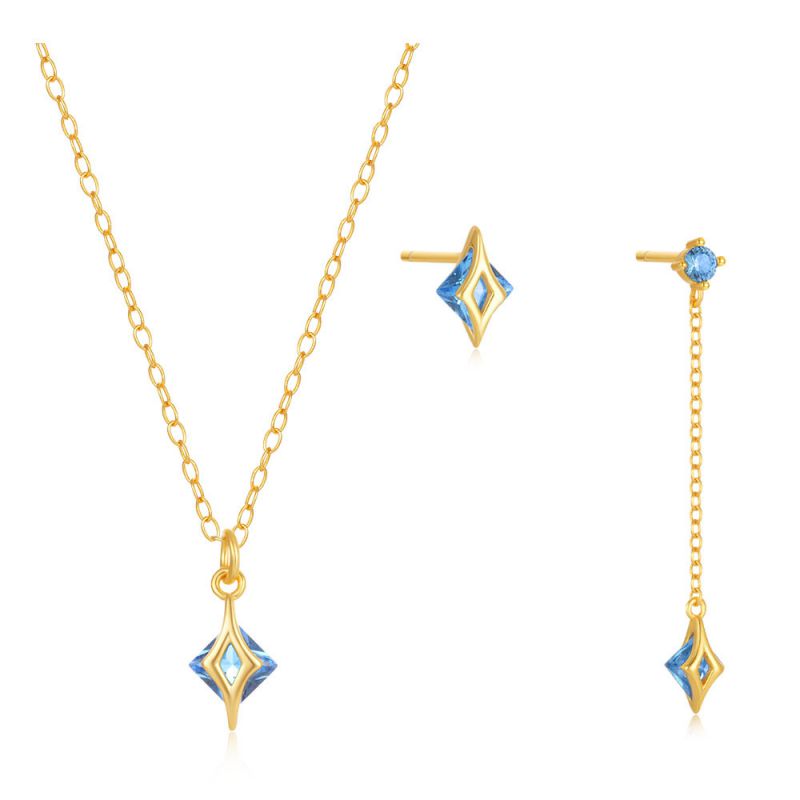 Conjunto De Pendientes Y Collar Estrella De Cuatro Puntas De Plata Y Diamantes