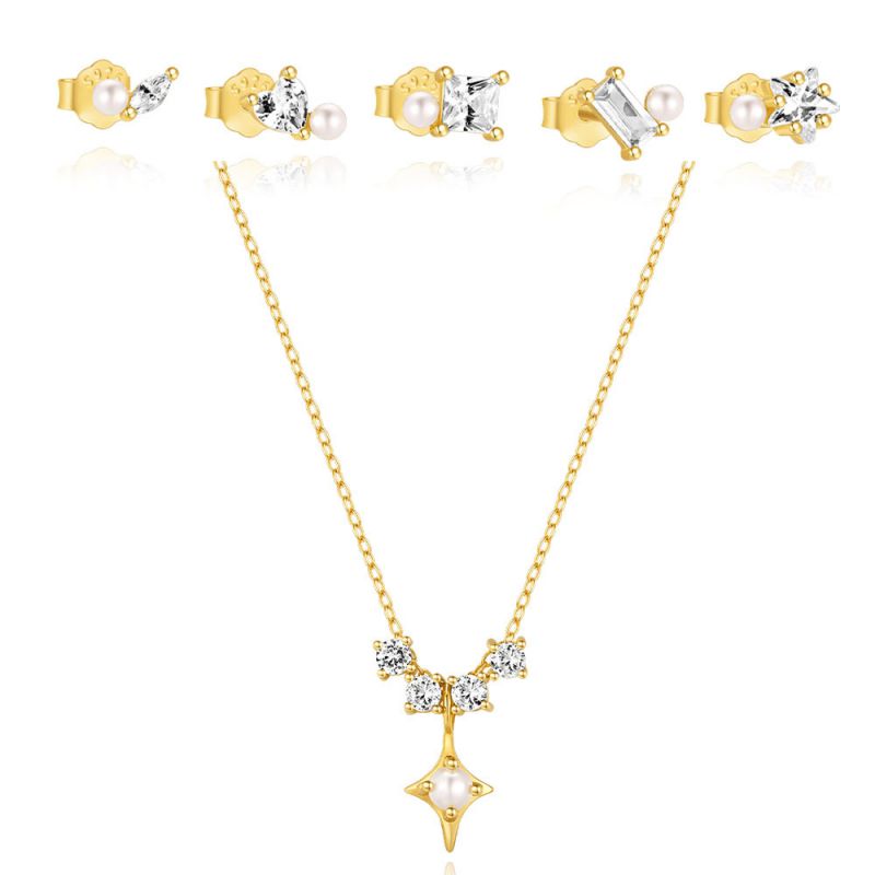 Conjunto De Pendientes Y Collar Geométricos De Diamantes En Plata