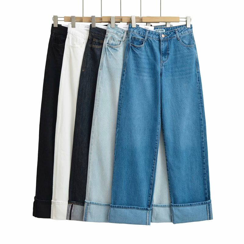 Dark Blue Mid-rise Cuffed Wide-leg Jeans