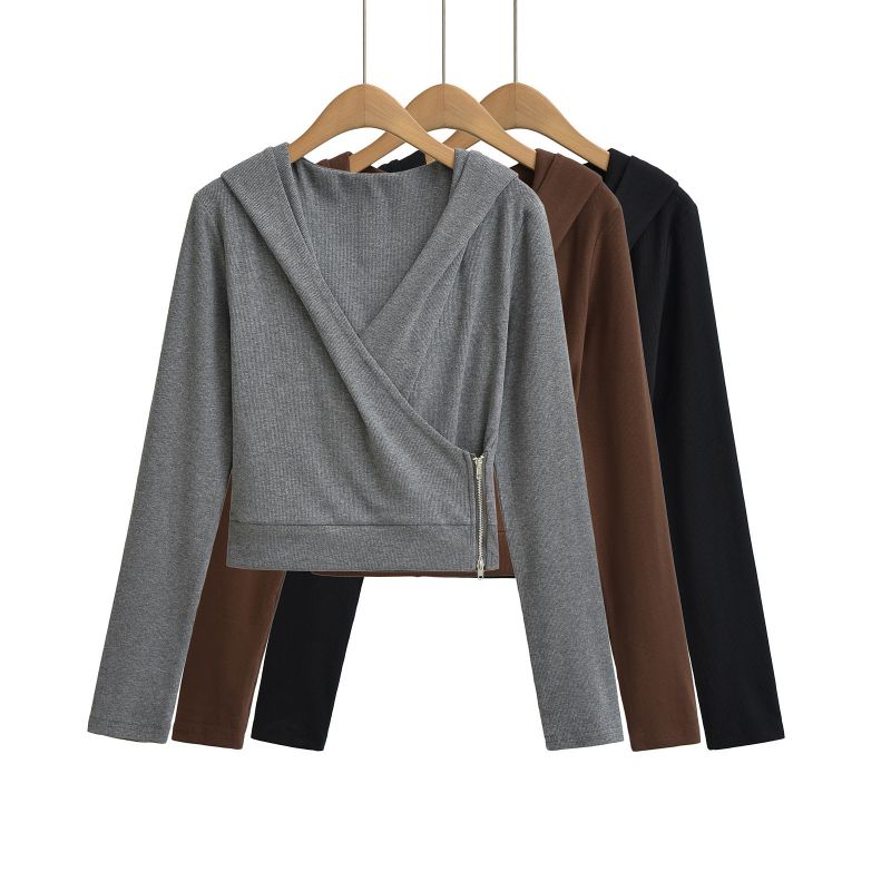 Sudadera Cruzada Con Capucha Y Cuello En V De Manga Larga