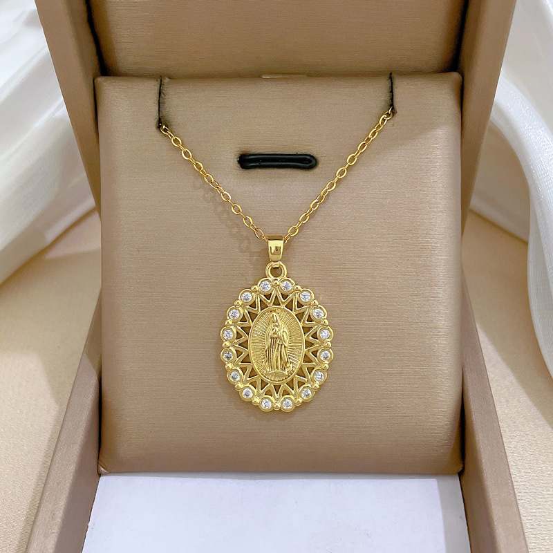 Gold Stainless Steel Diamond Madonna Oval Necklace