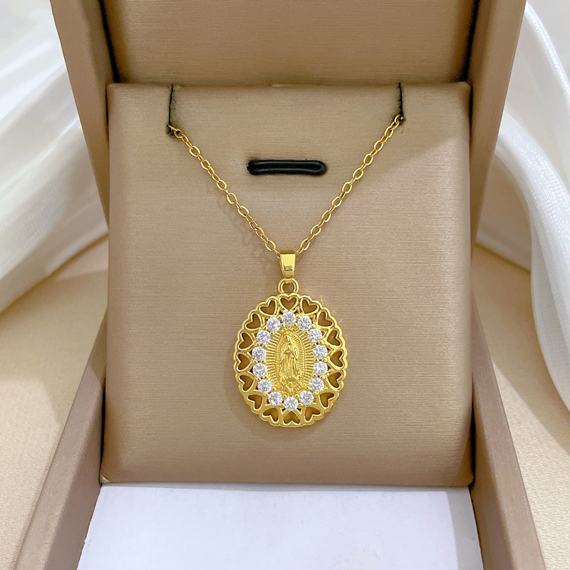Gold Titanium Steel And Diamond Egg-shaped Portrait Necklace