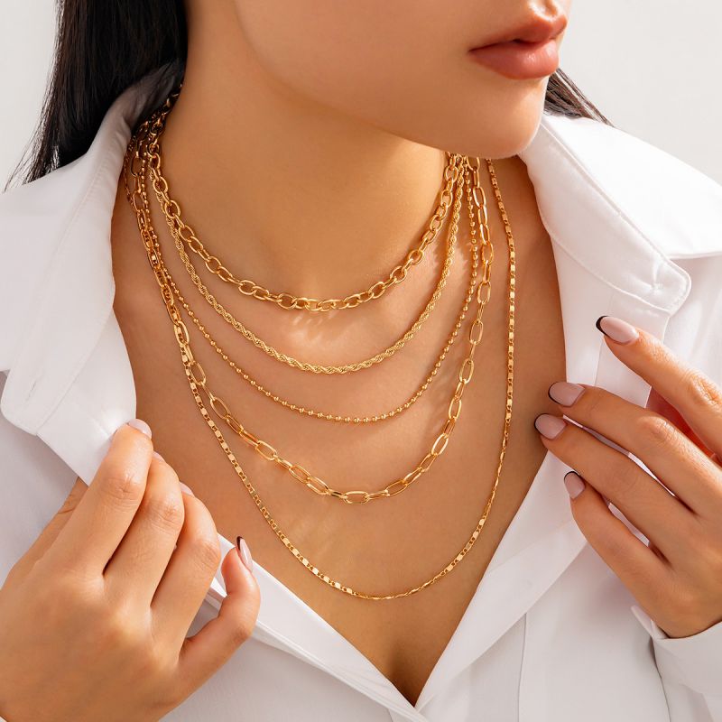 04 Gold Necklace Set Metal Layered Chain Necklace