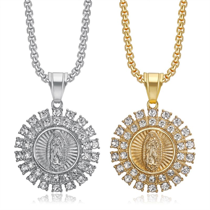 Gold Single Pendant Titanium Steel Gold-plated Diamond Virgin Mary Men's Pendant (without Chain)