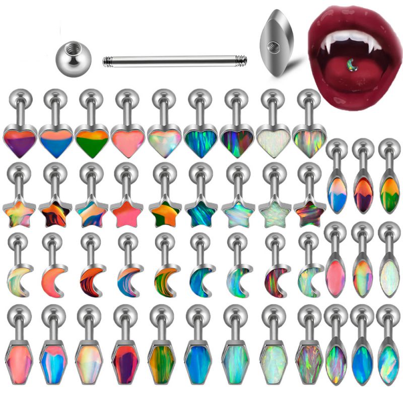 Clavo Para Lengua Piercing Love Con Ópalo Y Acero De Titanio (2 Precios)