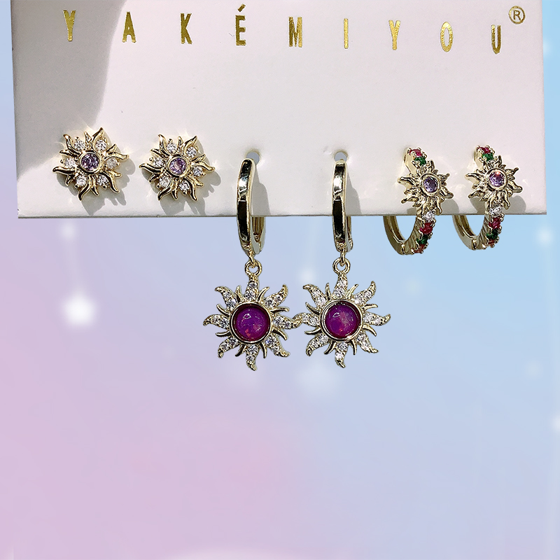 Gold Copper Inlaid Zircon Sun Earrings 6-piece Set