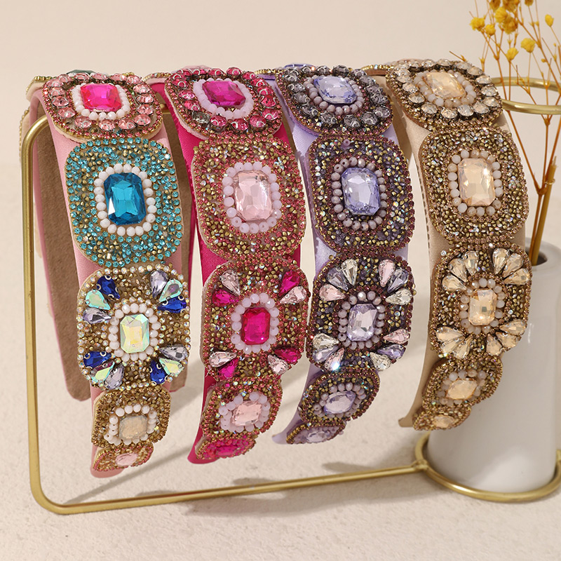 Pink Diamond-encrusted Square Rice Beads Fabric Headband