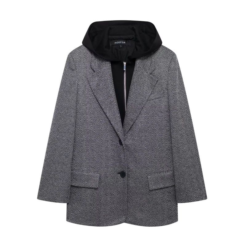Blazer De Sarga Mezclada Con Capucha