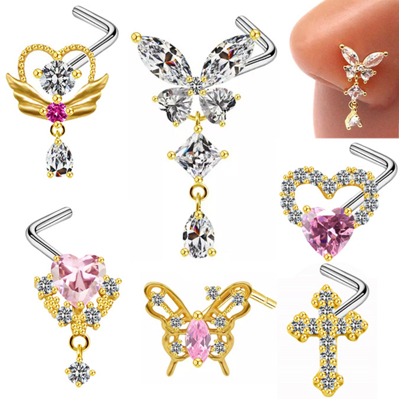 Pin De Nariz Con Piercing De Cruz De Diamante De Acero Inoxidable