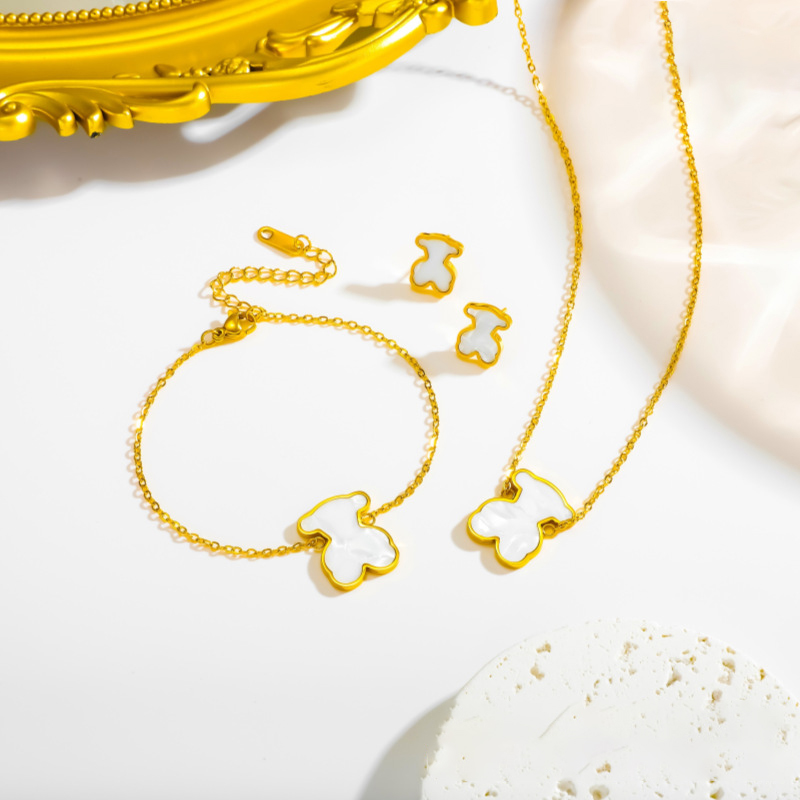 Set Titanium Steel White Bear Earrings Bracelet Necklace Set