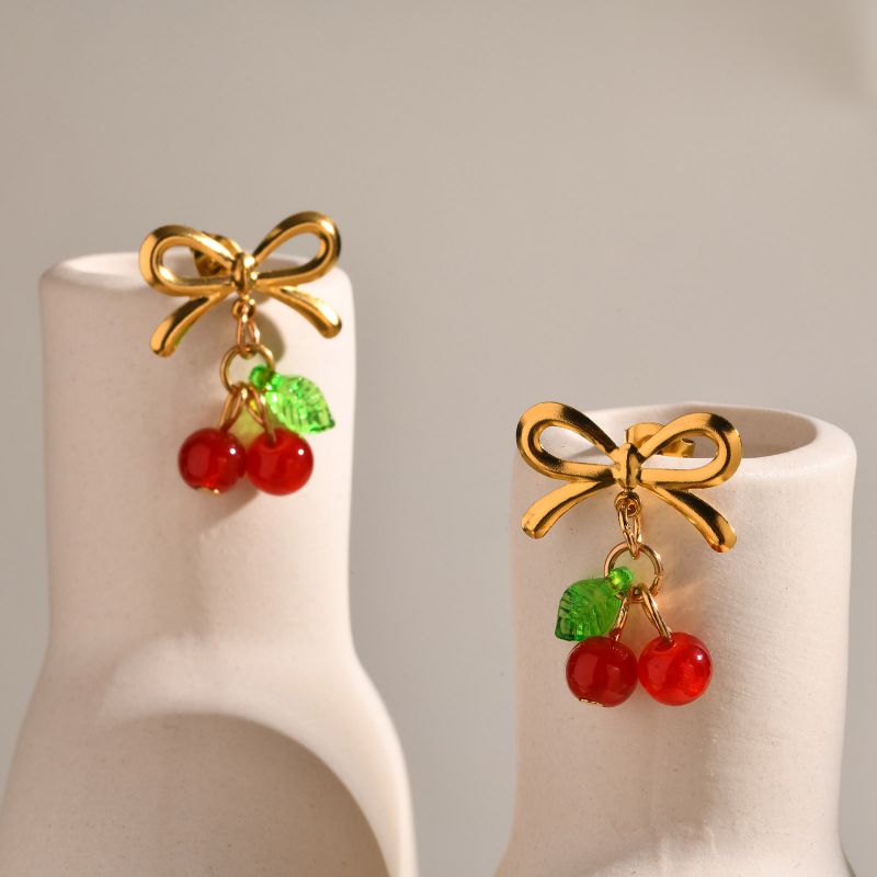 Gold Pair Stainless Steel Bow Cherry Earrings