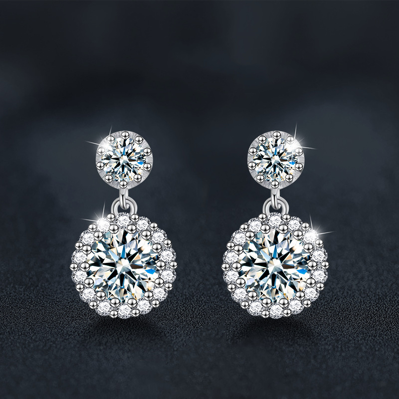 1 Carat + 1 Carat Moissanite Silver Round Earrings With Diamonds