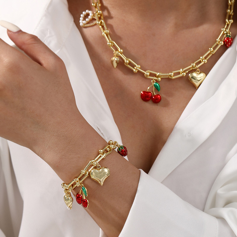 Gold 1 Copper Inlaid Zircon Pearl Love Oil Drop Cherry Strawberry Pendant Necklace