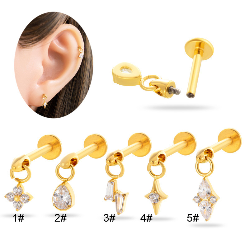 1#golden Titanium Steel Diamond Geometric Piercing Lip Studs