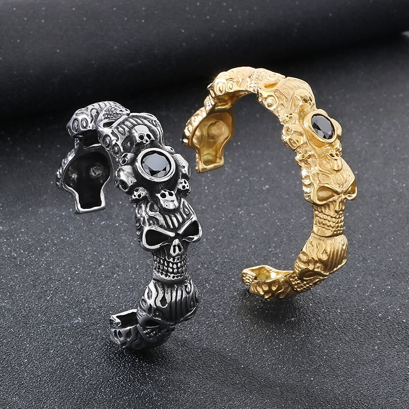 Gold Titanium Steel Diamond Skull Men's Open Bracelet