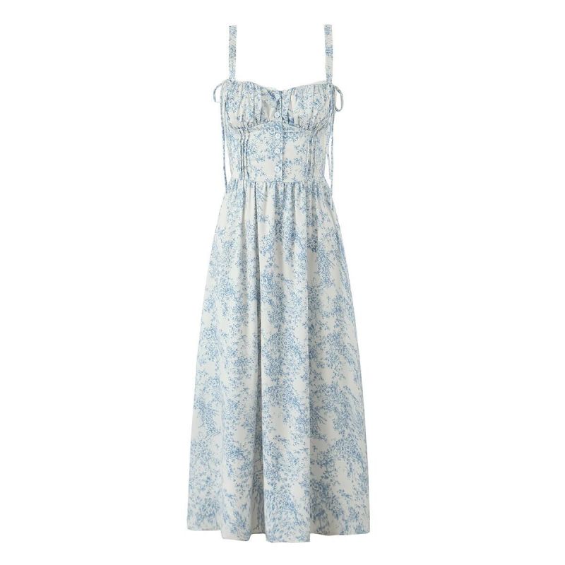 Blue Cotton-polyester Printed Lace-up Maxi Skirt