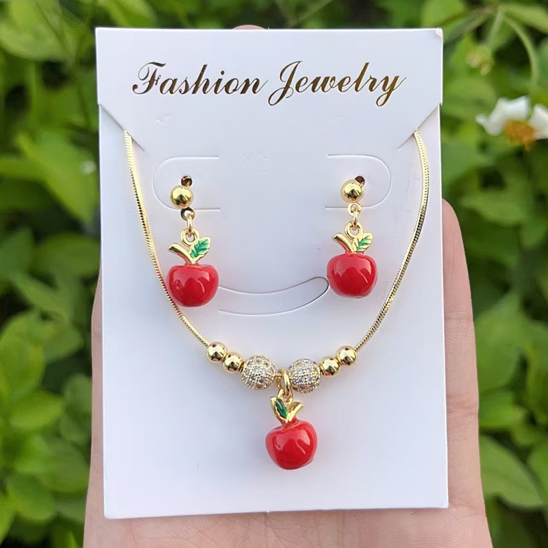 Juego De Aretes Y Collar Con Cuentas De Manzana Bañadas En Aceite Y Circonitas Con Incrustaciones De Cobre (4 Mm)