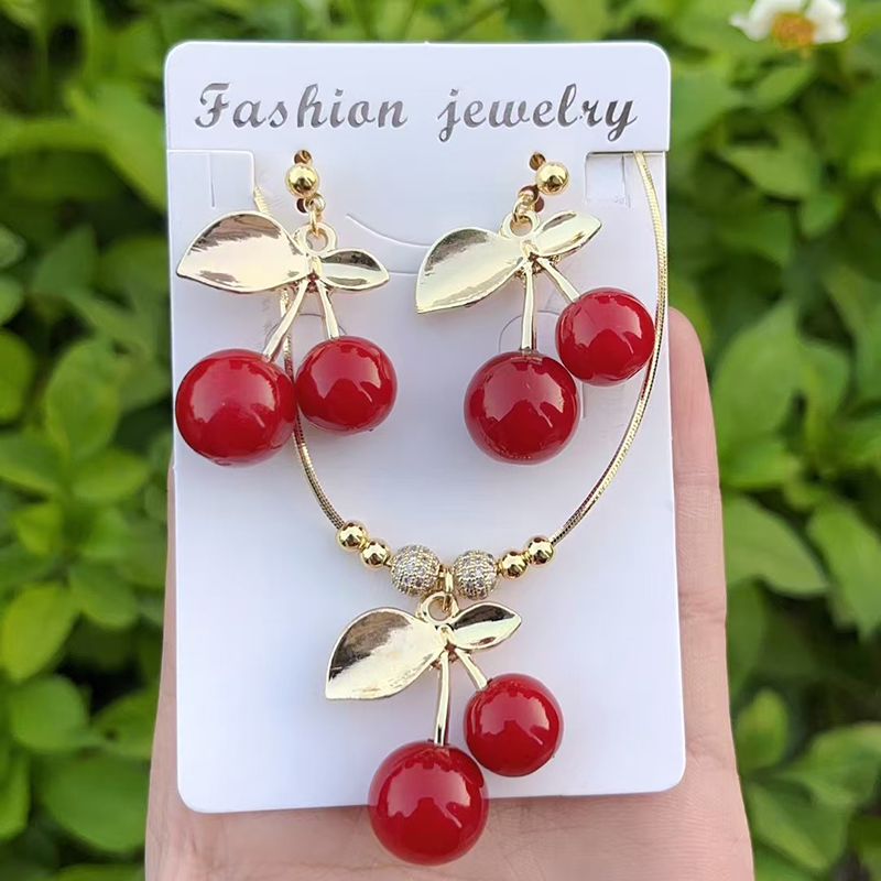 Red 1 Copper Inlaid Zircon Cherry Beaded Necklace Earrings Set (large) 4mm