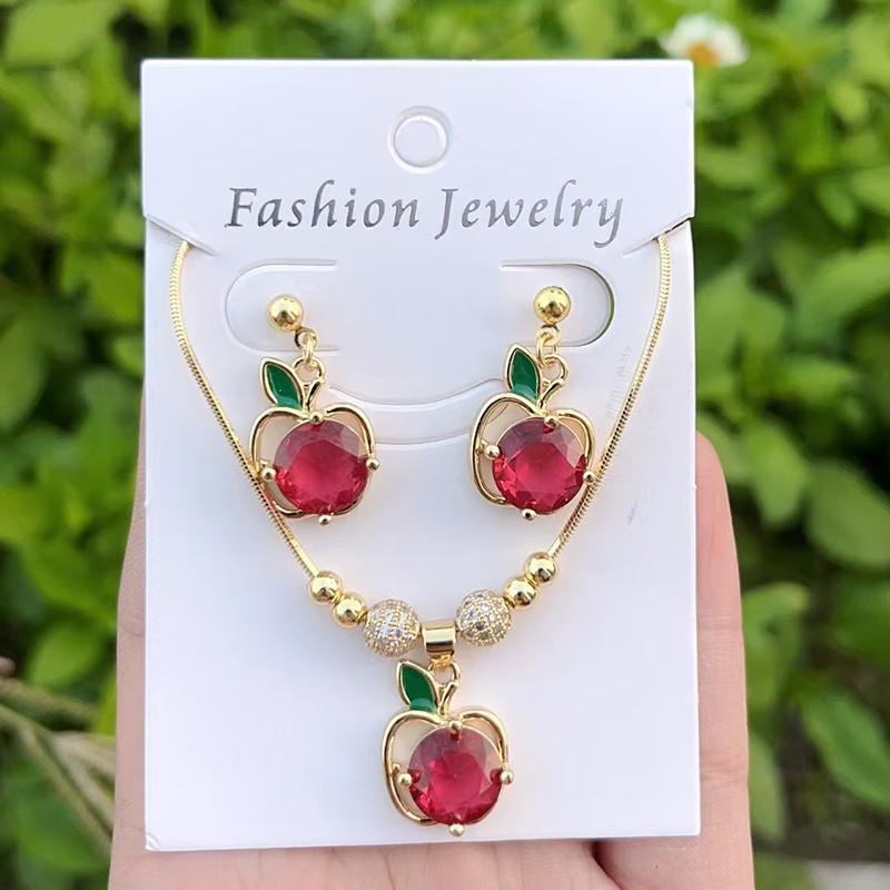 Red 1 Copper Inlaid Zircon Apple Beaded Necklace Earrings Set (4mm)