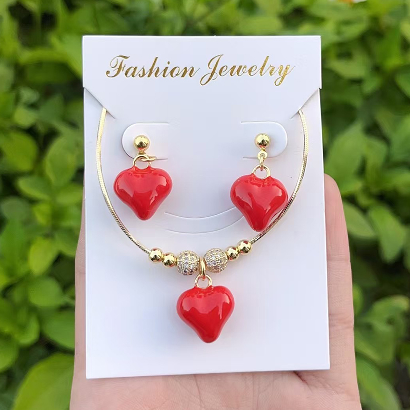 Conjunto De Aretes Y Collar Con Cuentas De Amor De Aceite De Gota De Circón Con Incrustaciones De Cobre (4 Mm)