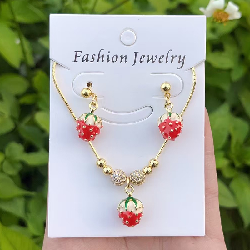 Red 1 Copper Inlaid Zircon Oil-drip Strawberry Beaded Necklace Earrings Set (4mm)