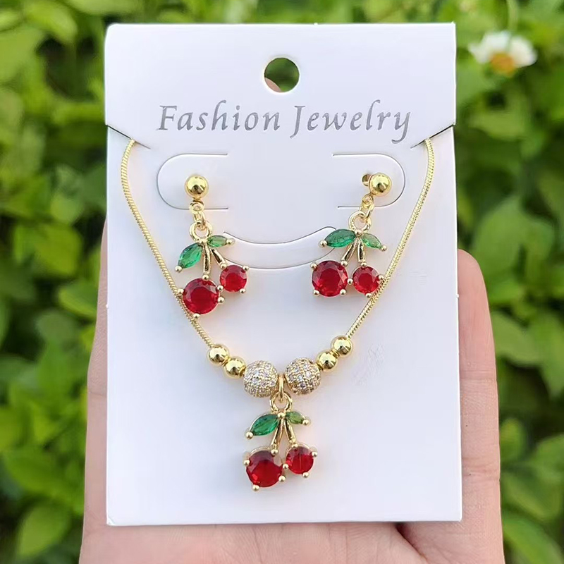 Red 1 Copper Inlaid Zircon Cherry Beaded Necklace Earrings Set (4mm)