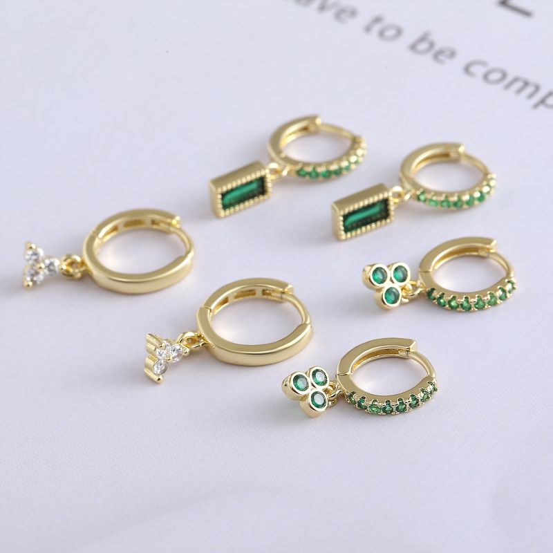 Three Green Rings Copper Diamond Round Hoop Earrings
