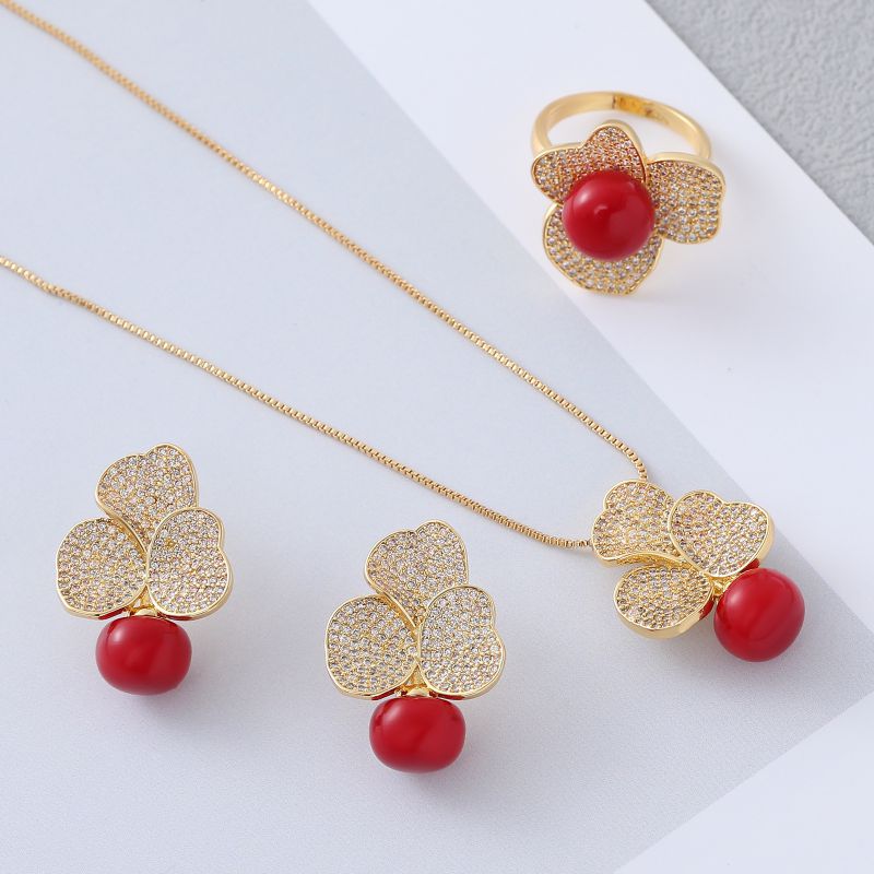 Conjunto De Anillo Pendientes Y Collar De Pétalos De Circonio Con Incrustaciones De Cobre