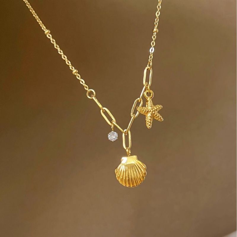 Silver Titanium Steel Starfish Shell Necklace