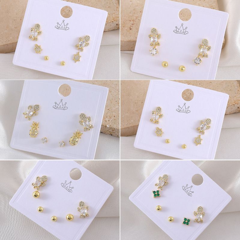 Turtle + Pineapple Copper Inlaid Zirconium Geometric Earrings Set