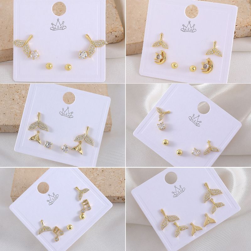 Fishtail + Musical Note Copper Inlaid Zirconium Geometric Earrings Set