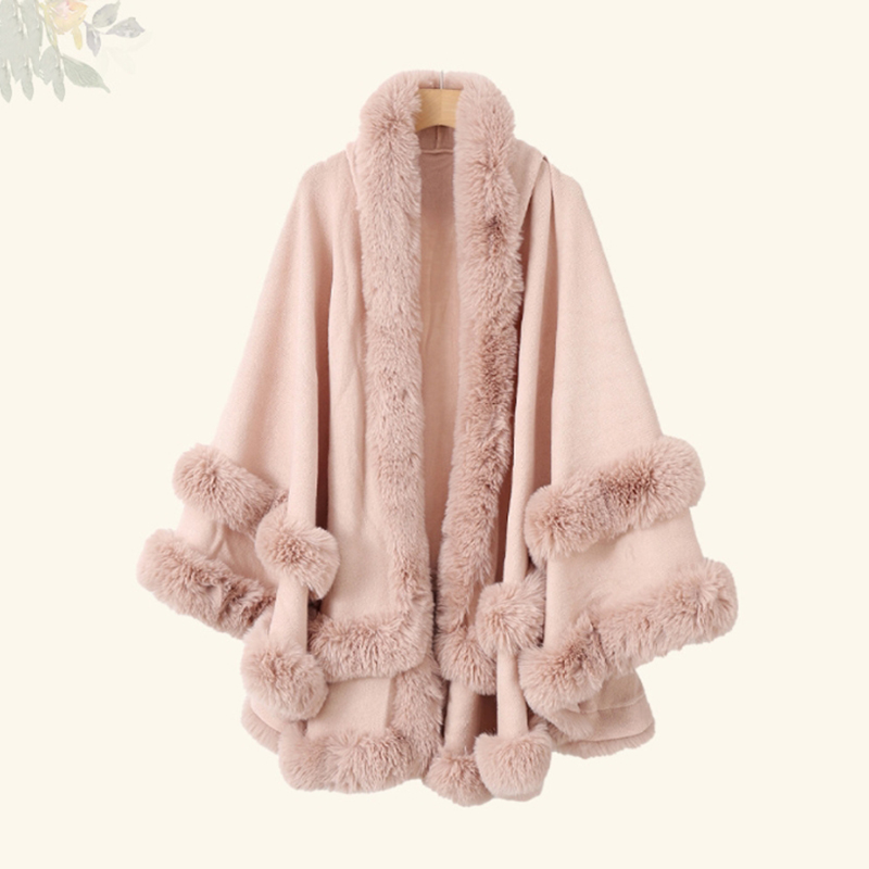 Mantón Con Capucha Y Cuello De Piel Engrosado Con Borlas