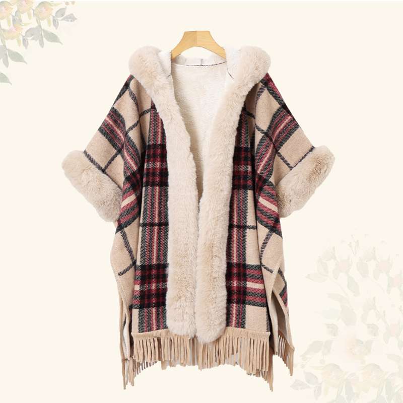 Mantón Con Capucha Y Cuello De Piel Estampado Engrosado Con Borlas