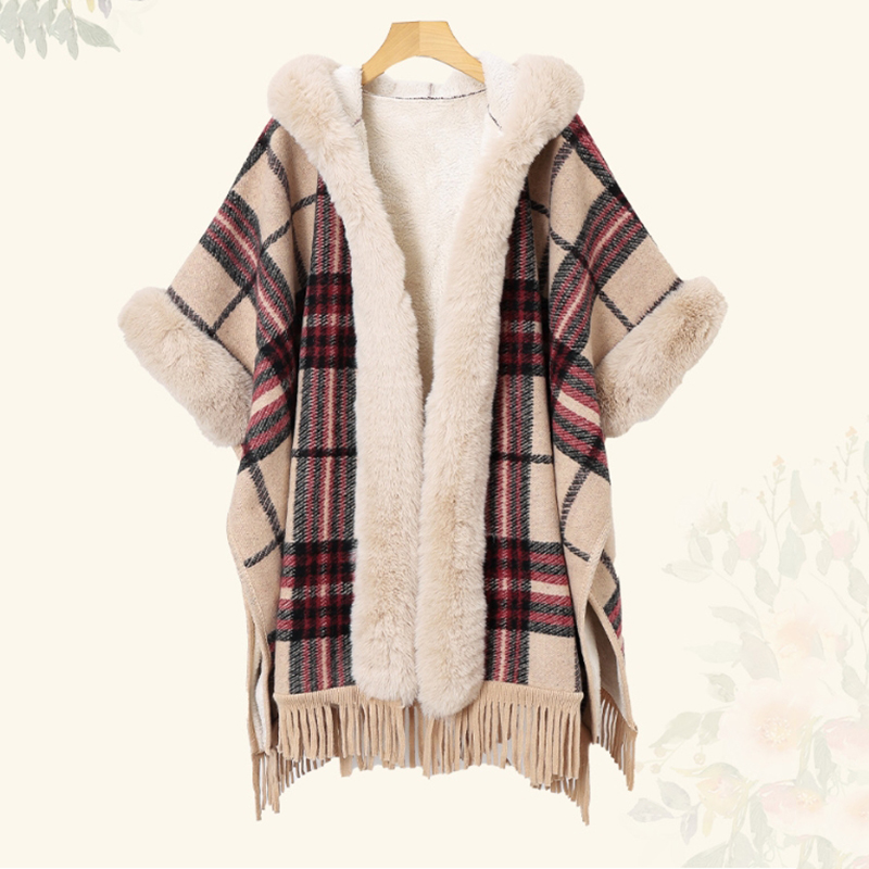 Mantón Con Capucha Y Cuello De Piel Estampado Engrosado Con Borlas
