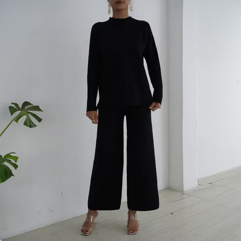 Jersey De Manga Larga Con Abertura Suéter Cintura Alta Traje Con Pantalón De Pierna Ancha