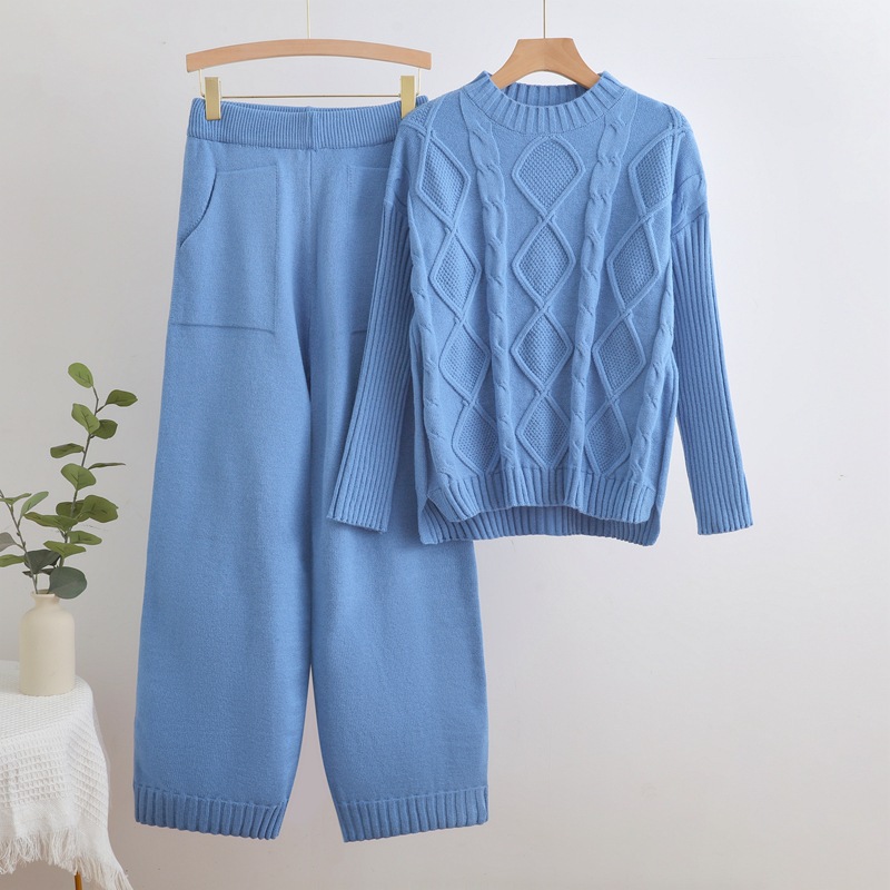 Jersey De Punto Trenzado Traje Con Pantalones De Pierna Ancha Y Cintura Alta