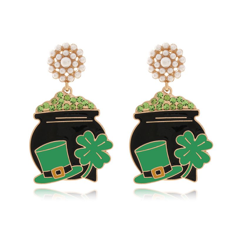 Green Alloy Diamond Clover Earrings