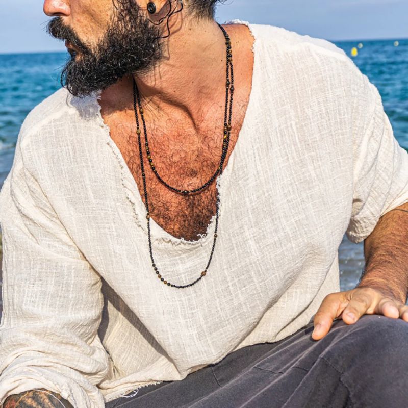 Black Agate Tiger Eye Beaded Necklace For Men