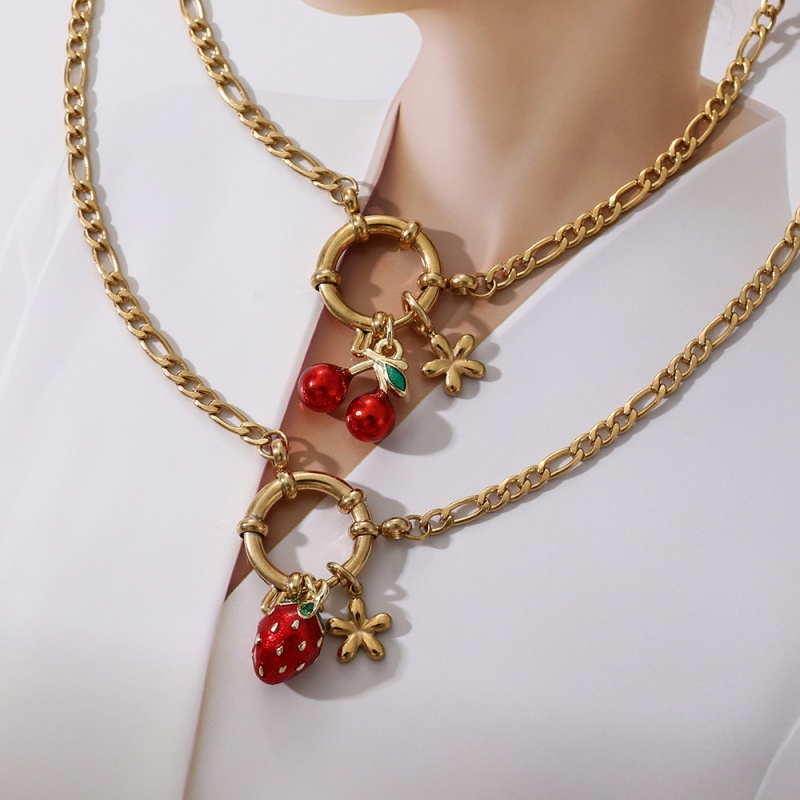 Red 1 Titanium Steel Oil Drop Cherry Ring Necklace