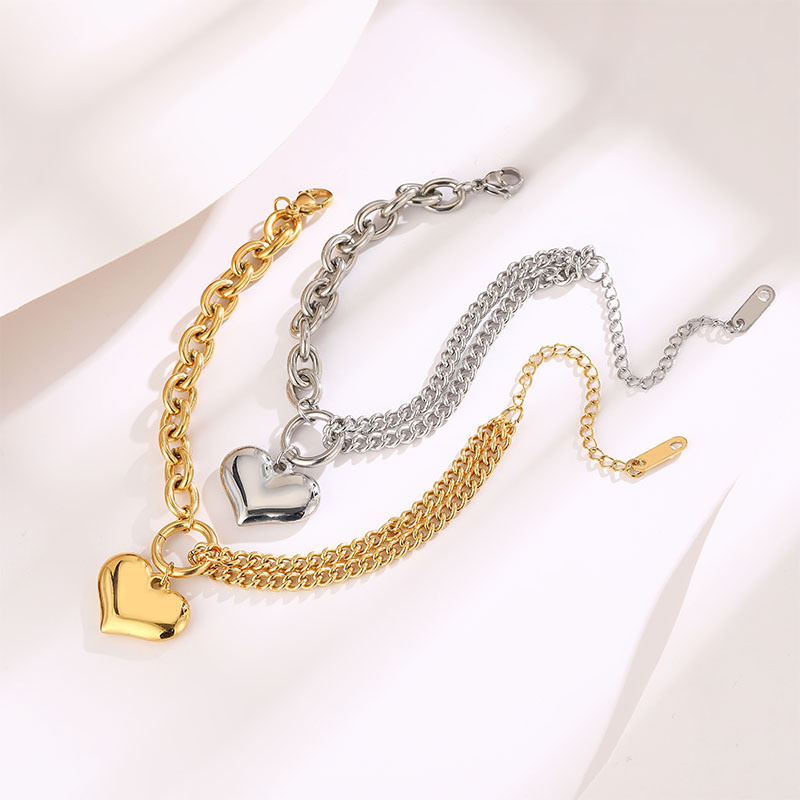 Silver Heart Bracelet With Spliced Chain Titanium Steel Heart Bracelet