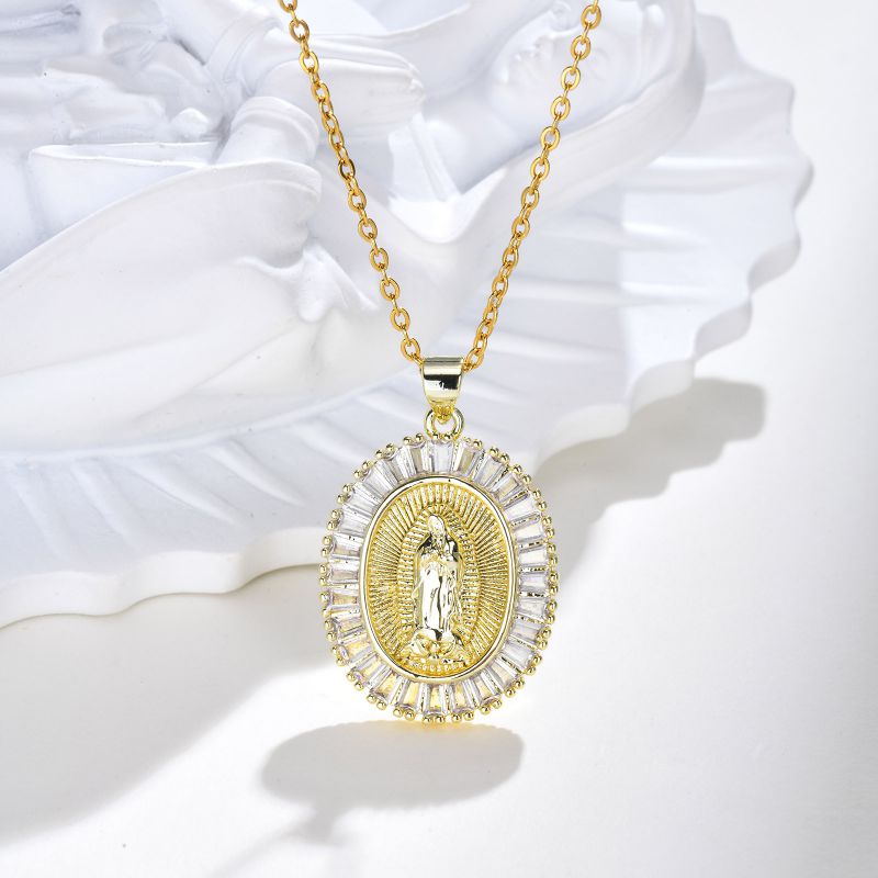Copper Pendant + Stainless Steel Chain Copper Plated Gold-plated Diamond Madonna Oval Necklace