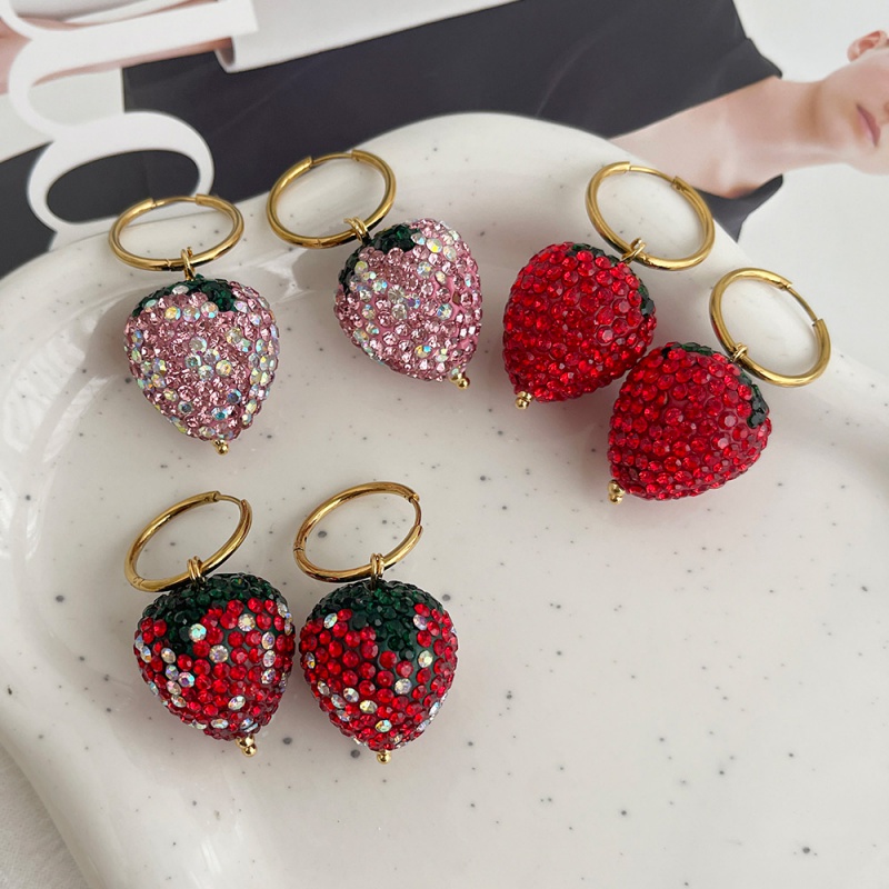 Red Titanium Steel Inlaid Zirconium Strawberry Earrings