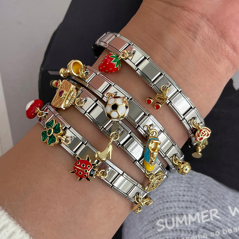 Gold 1 Titanium Steel Inlaid With Zirconium Oil Dripping Insect Love Square Module Bracelet