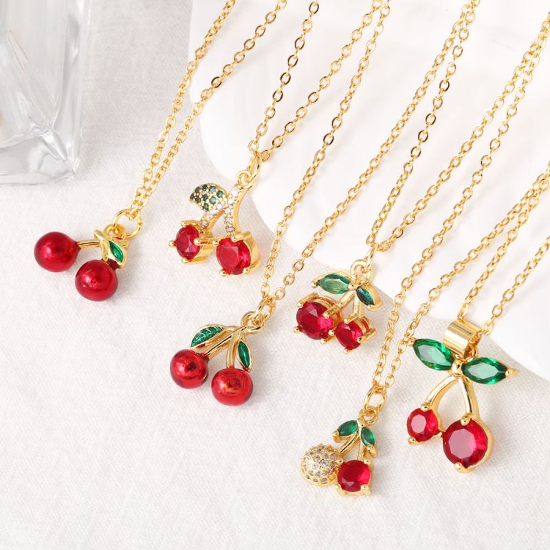 F Copper Plated Gold And Diamond Fruit Cherry Necklace