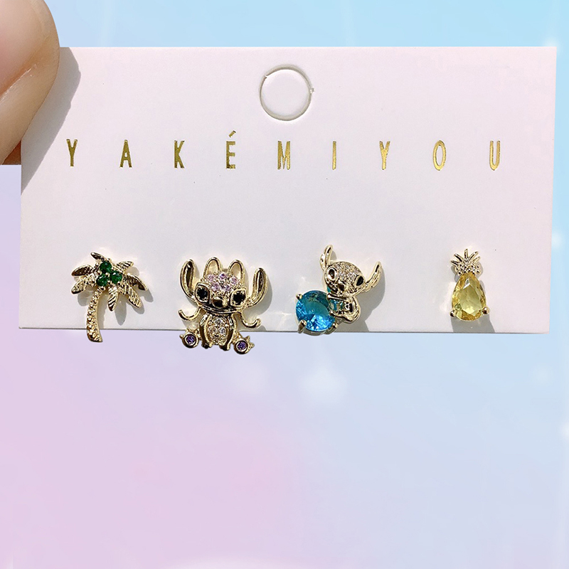Gold Copper Inlaid Zircon Cartoon Earrings 4-piece Set