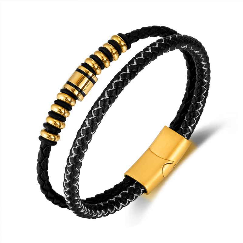 Leather Bracelet Gold Double Braided Leather Men's Bracelet