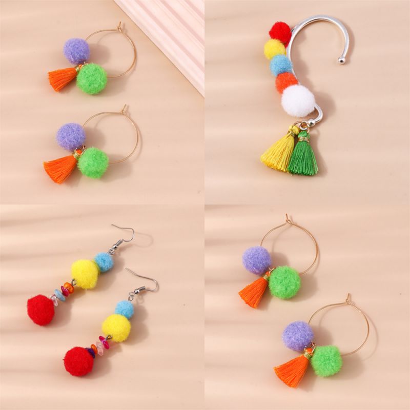 Pendientes De Borlas De Pompones De Colores De Tela [individuales]